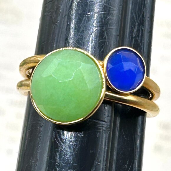 Set Lot 2 Gold Stella & Dot Green and Blue Stone Stacking Band Rings Size 8 - Picture 1 of 13